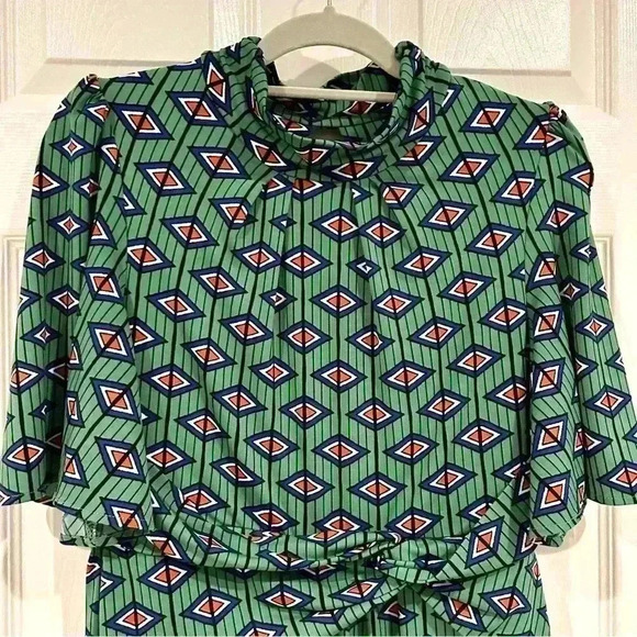 Jolie Moi Green Geometric Flowy Sleeve Midi Dress Women Size 14 EU 42 Cut Out - Picture 13 of 15